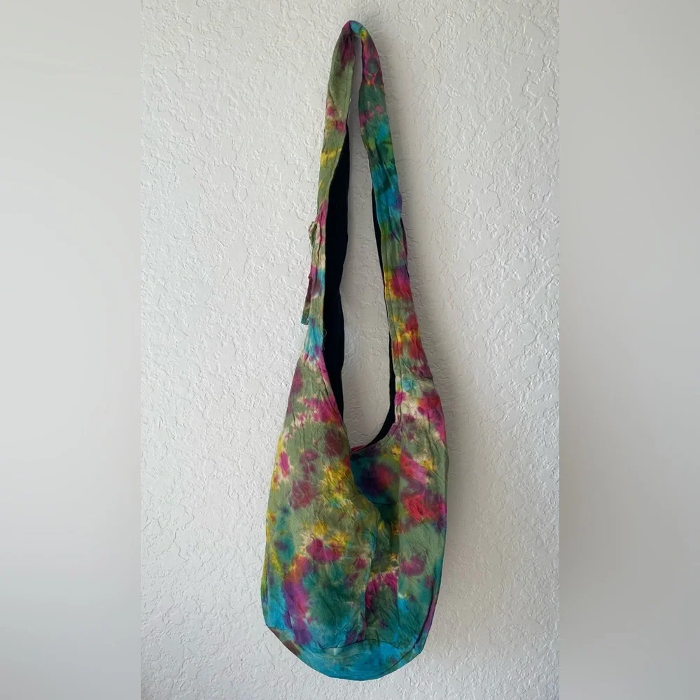 Boho Tie Dye Cotton Crossbody Hobo Bag In Green And Pink  Brand New - Picture 5 of 13
